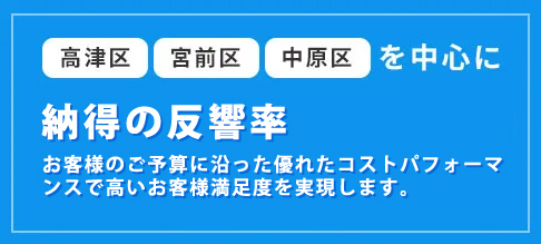 高津区・宮前区・中原区を中心に 納得の反響率 お客様のご予算に沿った優れたコストパフォーマンスで高いお客様満足度を実現します。